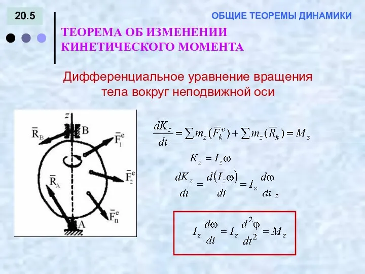 20.5 ТЕОРЕМА ОБ ИЗМЕНЕНИИ КИНЕТИЧЕСКОГО МОМЕНТА ОБЩИЕ ТЕОРЕМЫ ДИНАМИКИ Дифференциальное уравнение вращения тела вокруг неподвижной оси