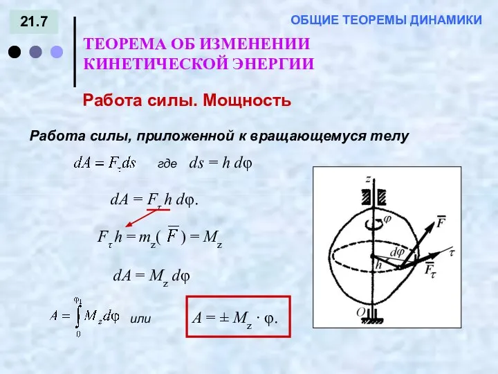 21.7 ТЕОРЕМА ОБ ИЗМЕНЕНИИ КИНЕТИЧЕСКОЙ ЭНЕРГИИ ОБЩИЕ ТЕОРЕМЫ ДИНАМИКИ Работа силы. Мощность