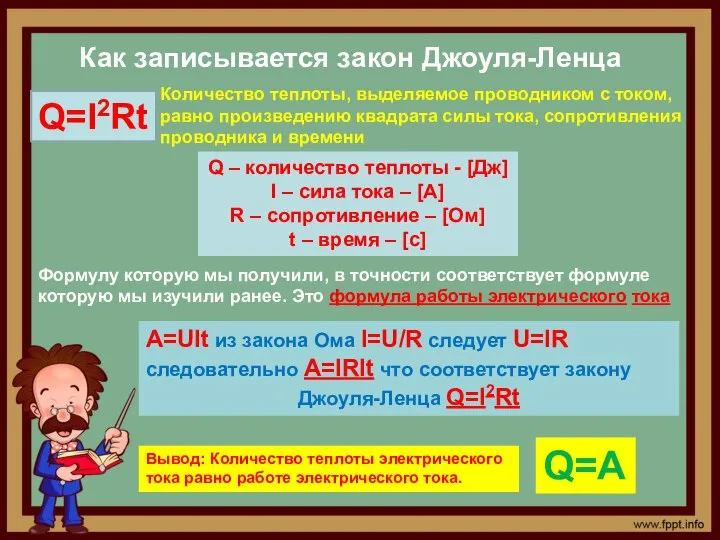 Как записывается закон Джоуля-Ленца Q – количество теплоты - [Дж] I –