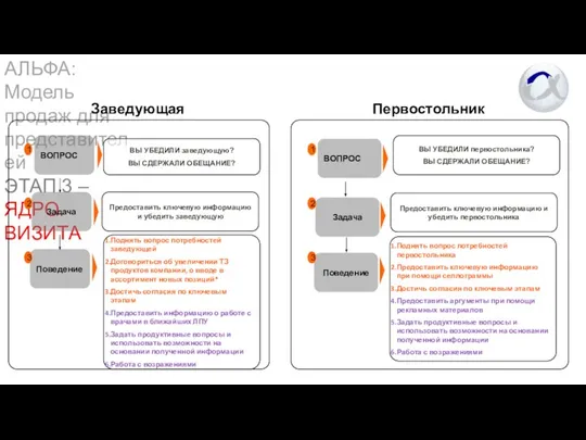 АЛЬФА: Модель продаж для представителей ЭТАП 3 – ЯДРО ВИЗИТА Первостольник Заведующая