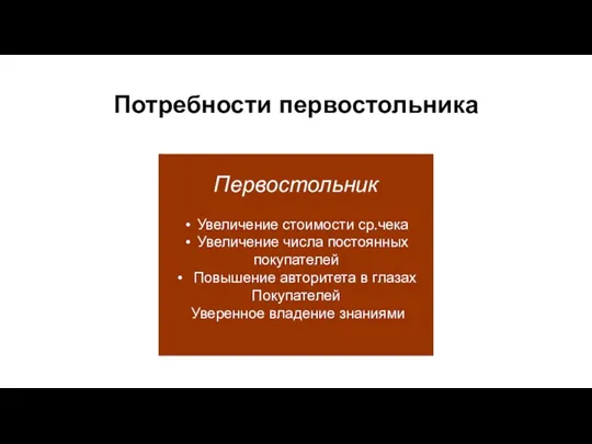 Потребности первостольника Первостольник Увеличение стоимости ср.чека Увеличение числа постоянных покупателей Повышение авторитета