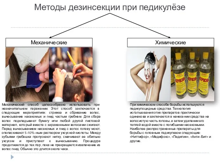 Методы дезинсекции при педикулёзе Механические Химические Механический способ целесообразно использовать при незначительном