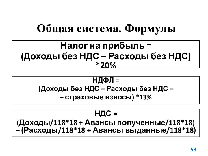 Общая система. Формулы Налог на прибыль = (Доходы без НДС – Расходы