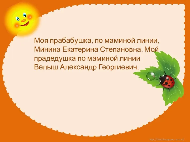 Моя прабабушка, по маминой линии, Минина Екатерина Степановна. Мой прадедушка по маминой линии Велыш Александр Георгиевич.