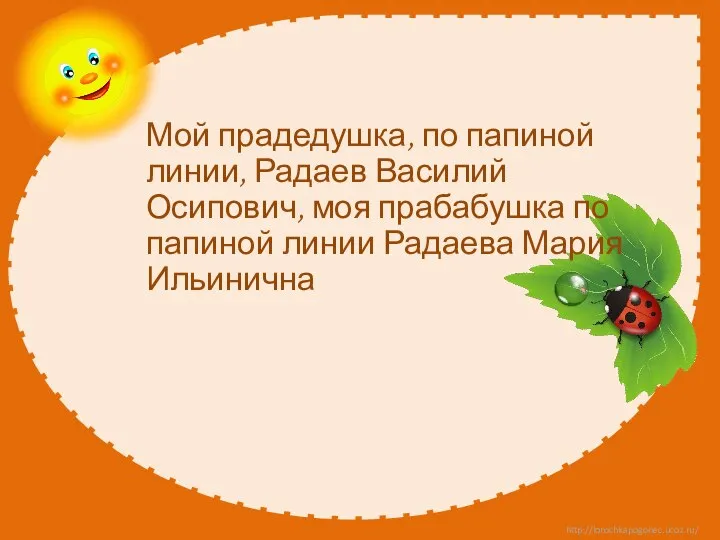 Мой прадедушка, по папиной линии, Радаев Василий Осипович, моя прабабушка по папиной линии Радаева Мария Ильинична