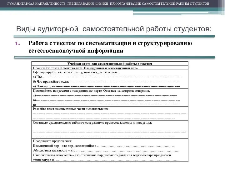 Виды аудиторной самостоятельной работы студентов: Работа с текстом по систематизации и структурированию