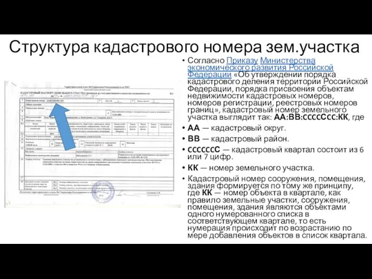 Структура кадастрового номера зем.участка Согласно Приказу Министерства экономического развития Российской Федерации «Об