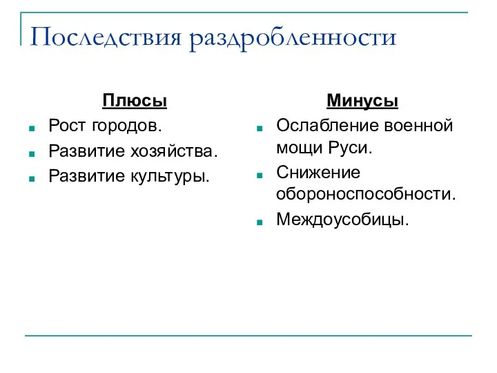 Последствия раздробленности Плюсы Рост городов. Развитие хозяйства. Развитие культуры. Минусы Ослабление военной