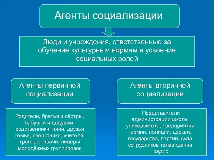 Агенты социализации Люди и учреждения, ответственные за обучение культурным нормам и усвоение