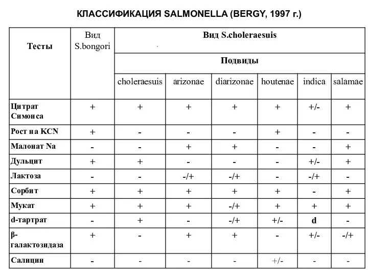 КЛАССИФИКАЦИЯ SALMONELLA (BERGY, 1997 г.)