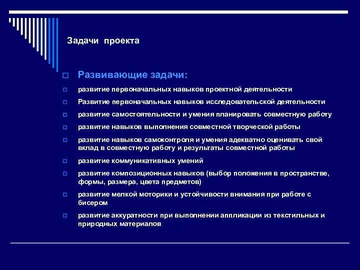 Задачи проекта Развивающие задачи: развитие первоначальных навыков проектной деятельности Развитие первоначальных навыков