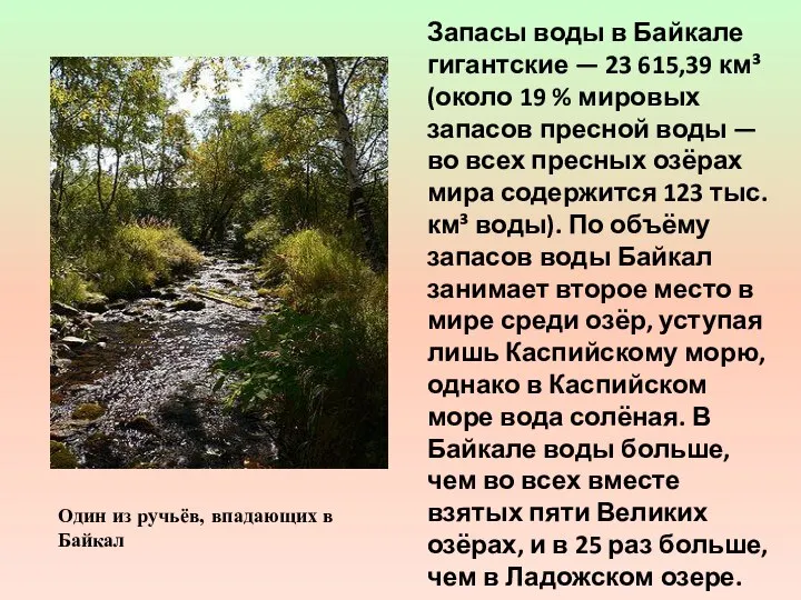 Запасы воды в Байкале гигантские — 23 615,39 км³ (около 19 %