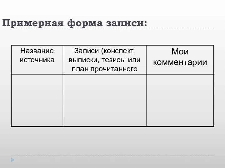 Примерная форма записи: