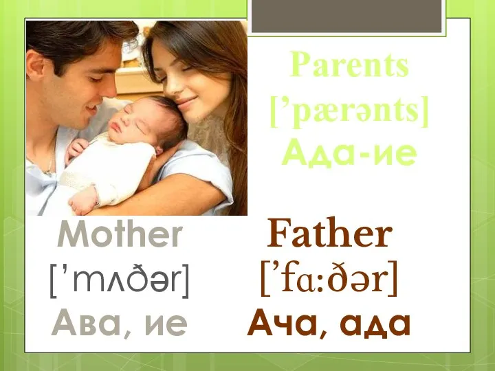 Parents [’pærənts] Ада-ие Mother [’mʌðər] Ава, ие Father [’fɑ:ðər] Ача, ада