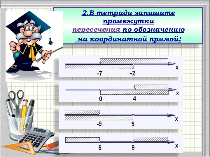 2.В тетради запишите промежутки пересечения по обозначению на координатной прямой: