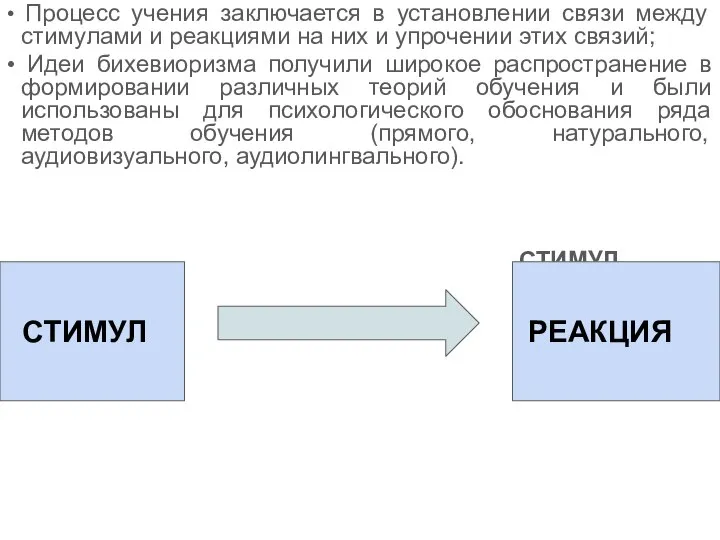 • Процесс учения заключается в установлении связи между стимулами и реакциями на