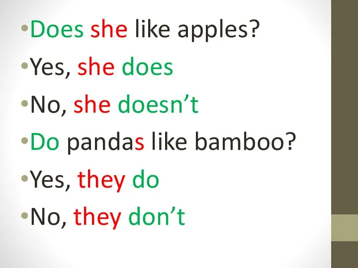 Does she like apples? Yes, she does No, she doesn’t Do pandas