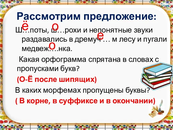 Рассмотрим предложение: Ш…поты, ш…рохи и непонятные звуки раздавались в дремуч … м