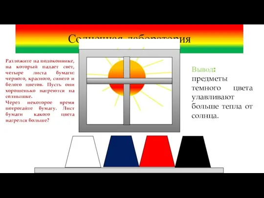 Солнечная лаборатория Разложите на подоконнике, на который падает свет, четыре листа бумаги: