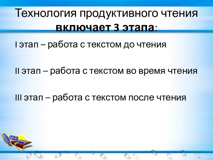 Технология продуктивного чтения включает 3 этапа: I этап – работа с текстом