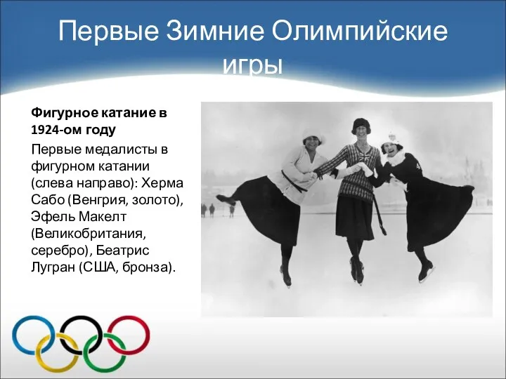 Первые Зимние Олимпийские игры Фигурное катание в 1924-ом году Первые медалисты в