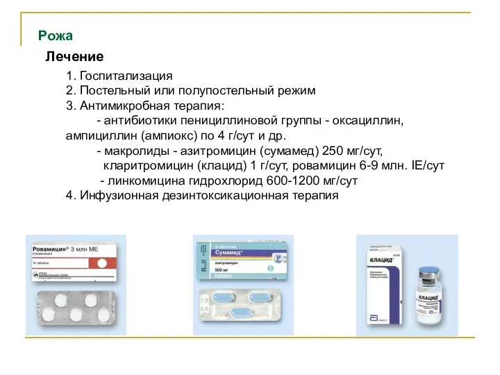 Рожа Лечение 1. Госпитализация 2. Постельный или полупостельный режим 3. Антимикробная терапия: