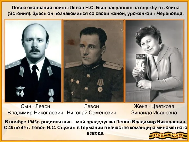 В ноябре 1946г. родился сын – мой прадедушка Левон Владимир Николаевич. С