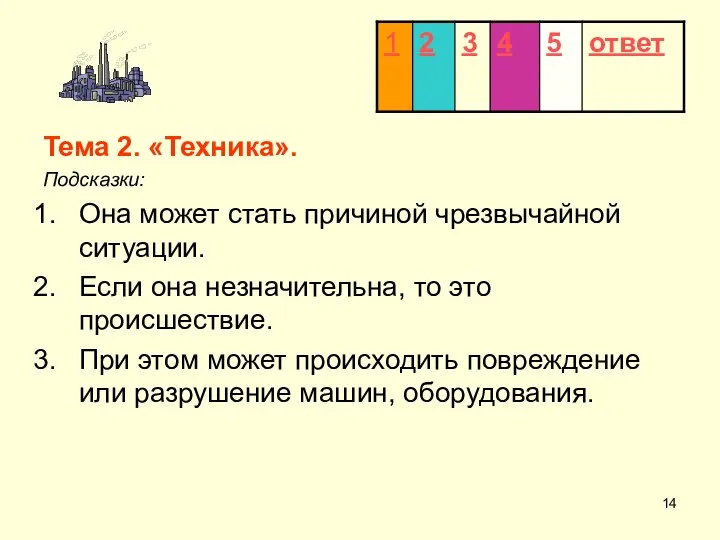 Тема 2. «Техника». Подсказки: Она может стать причиной чрезвычайной ситуации. Если она