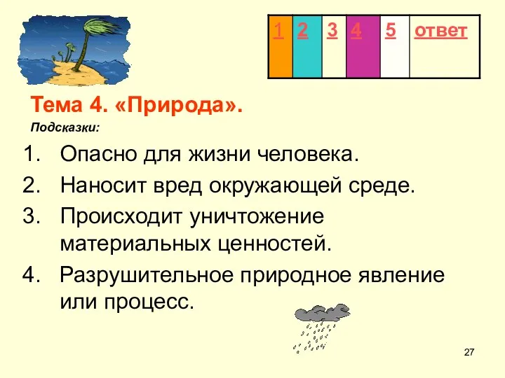 Тема 4. «Природа». Подсказки: Опасно для жизни человека. Наносит вред окружающей среде.