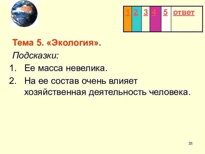 Тема 5. «Экология». Подсказки: Ее масса невелика. На ее состав очень влияет хозяйственная деятельность человека.