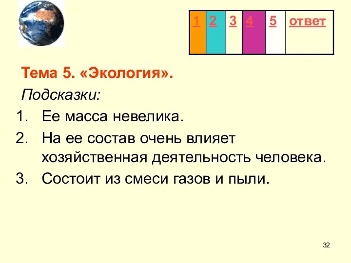 Тема 5. «Экология». Подсказки: Ее масса невелика. На ее состав очень влияет