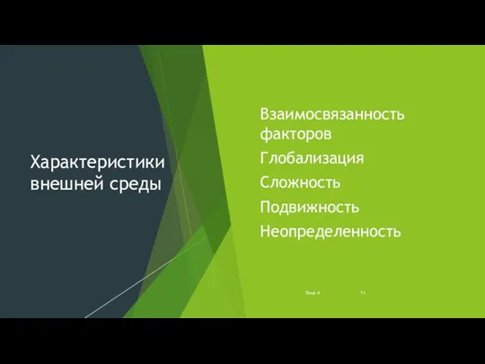 Характеристики внешней среды Взаимосвязанность факторов Глобализация Сложность Подвижность Неопределенность Тема 4