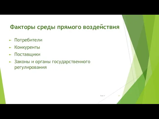 Тема 4 Факторы среды прямого воздействия Потребители Конкуренты Поставщики Законы и органы государственного регулирования