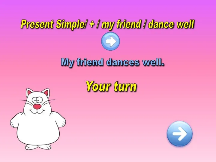 Present Simple/ + / my friend / dance well My friend dances well. Your turn