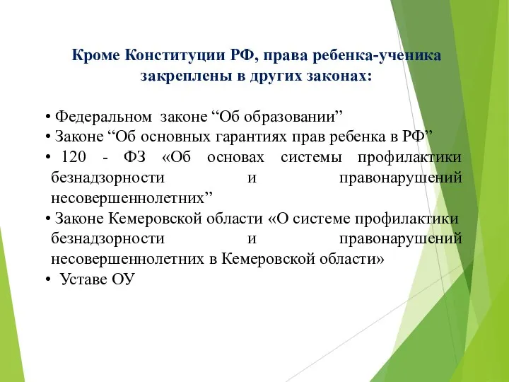 Кроме Конституции РФ, права ребенка-ученика закреплены в других законах: Федеральном законе “Об