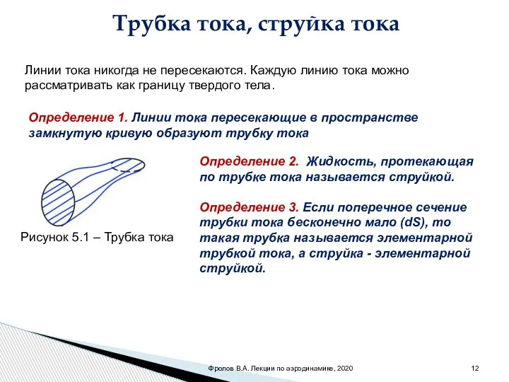 Трубка тока, струйка тока Линии тока никогда не пересекаются. Каждую линию тока