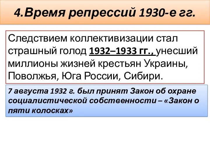 4.Время репрессий 1930-е гг. Следствием коллективизации стал страшный голод 1932–1933 гг., унесший