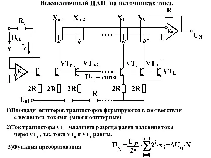 Высокоточный ЦАП на источниках тока. 1)Площади эмиттеров транзисторов формируются в соответствии с