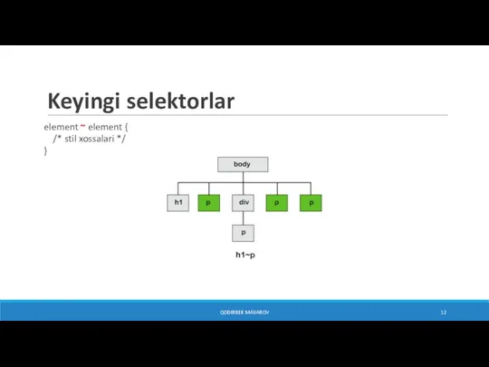 Keyingi selektorlar QODIRBEK MAXAROV element ~ element { /* stil xossalari */ }