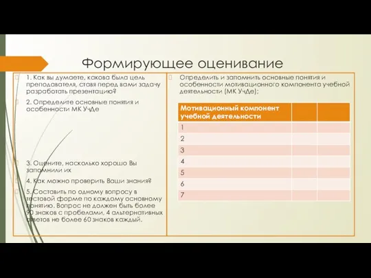 Формирующее оценивание 1. Как вы думаете, какова была цель преподавателя, ставя перед