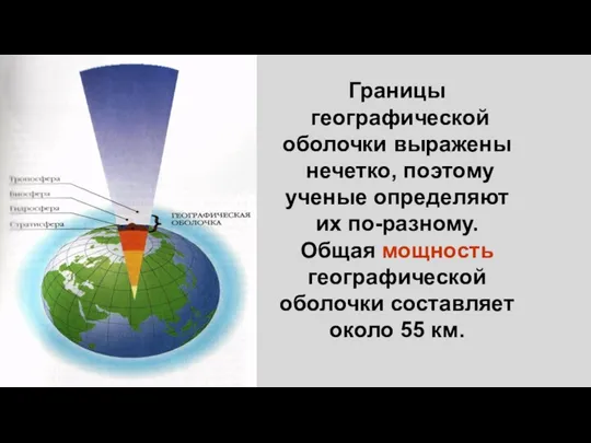 Границы географической оболочки выражены нечетко, поэтому ученые определяют их по-разному. Общая мощность