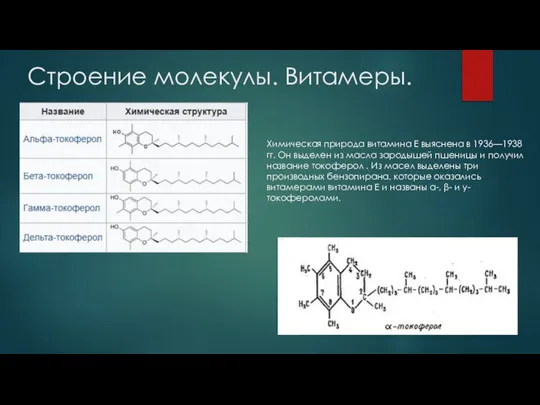 Строение молекулы. Витамеры. Химическая природа витамина Е выяснена в 1936—1938 гг. Он