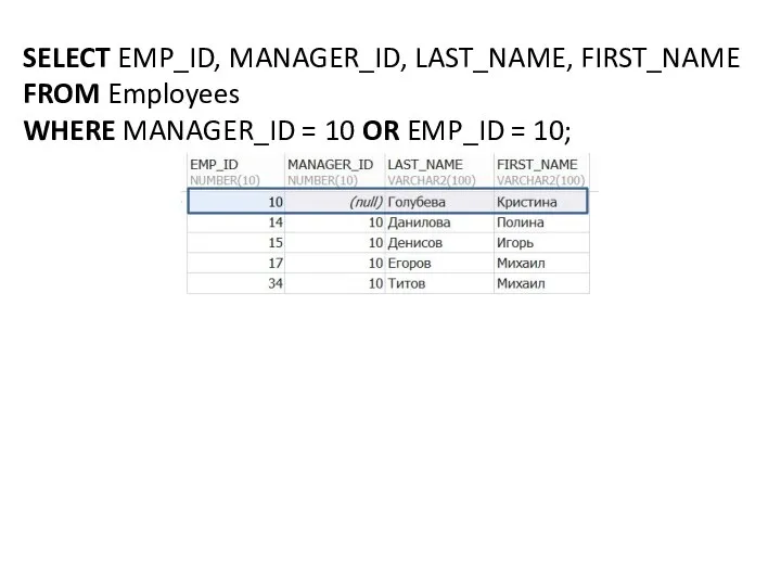 SELECT EMP_ID, MANAGER_ID, LAST_NAME, FIRST_NAME FROM Employees WHERE MANAGER_ID = 10 OR EMP_ID = 10;