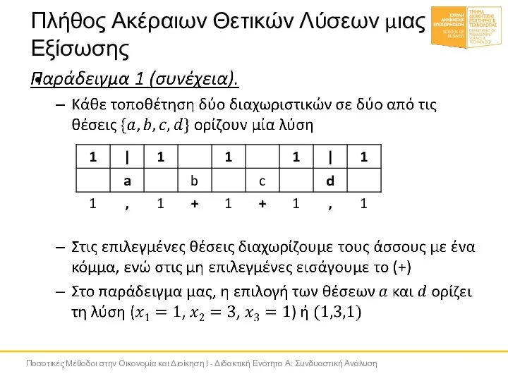 Πλήθος Ακέραιων Θετικών Λύσεων μιας Εξίσωσης Ποσοτικές Μέθοδοι στην Οικονομία και Διοίκηση