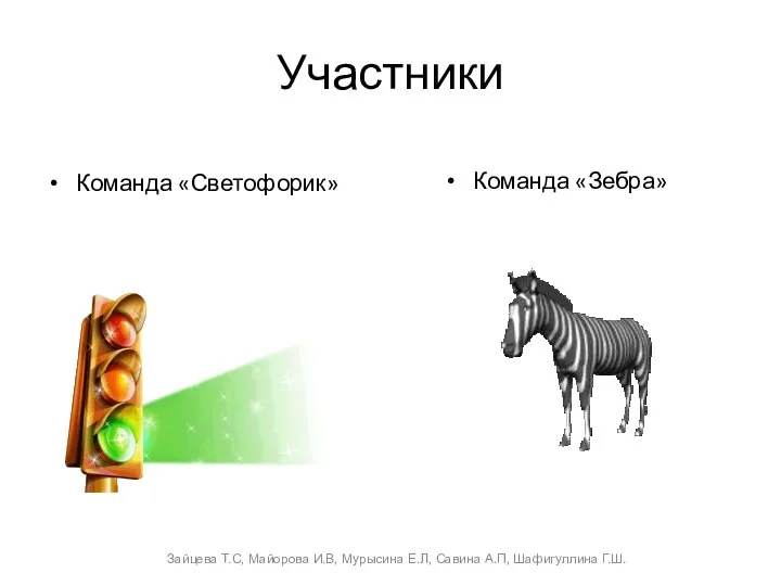 Участники Команда «Светофорик» Команда «Зебра» Зайцева Т.С, Майорова И.В, Мурысина Е.Л, Савина А.П, Шафигуллина Г.Ш.