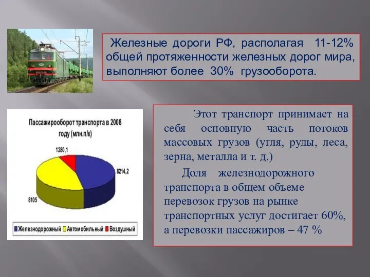 Этот транспорт принимает на себя основную часть потоков массовых грузов (угля, руды,