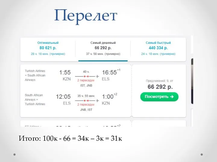 Перелет Итого: 100к - 66 = 34к – 3к = 31к