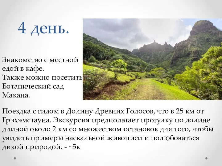 4 день. Знакомство с местной едой в кафе. Также можно посетить Ботанический