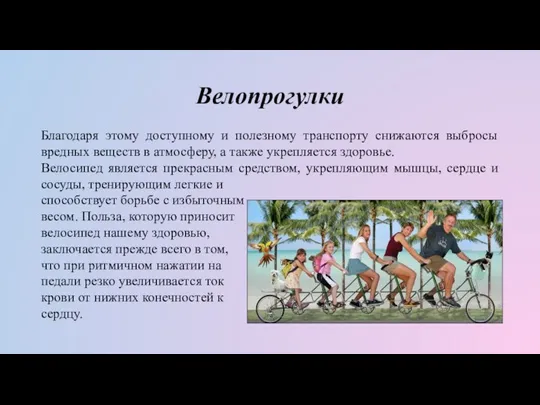 Велопрогулки Благодаря этому доступному и полезному транспорту снижаются выбросы вредных веществ в