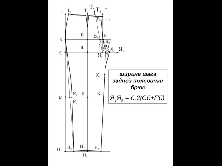 ширина шага задней половинки брюк Я1Я5 = 0,2(Сб+Пб)